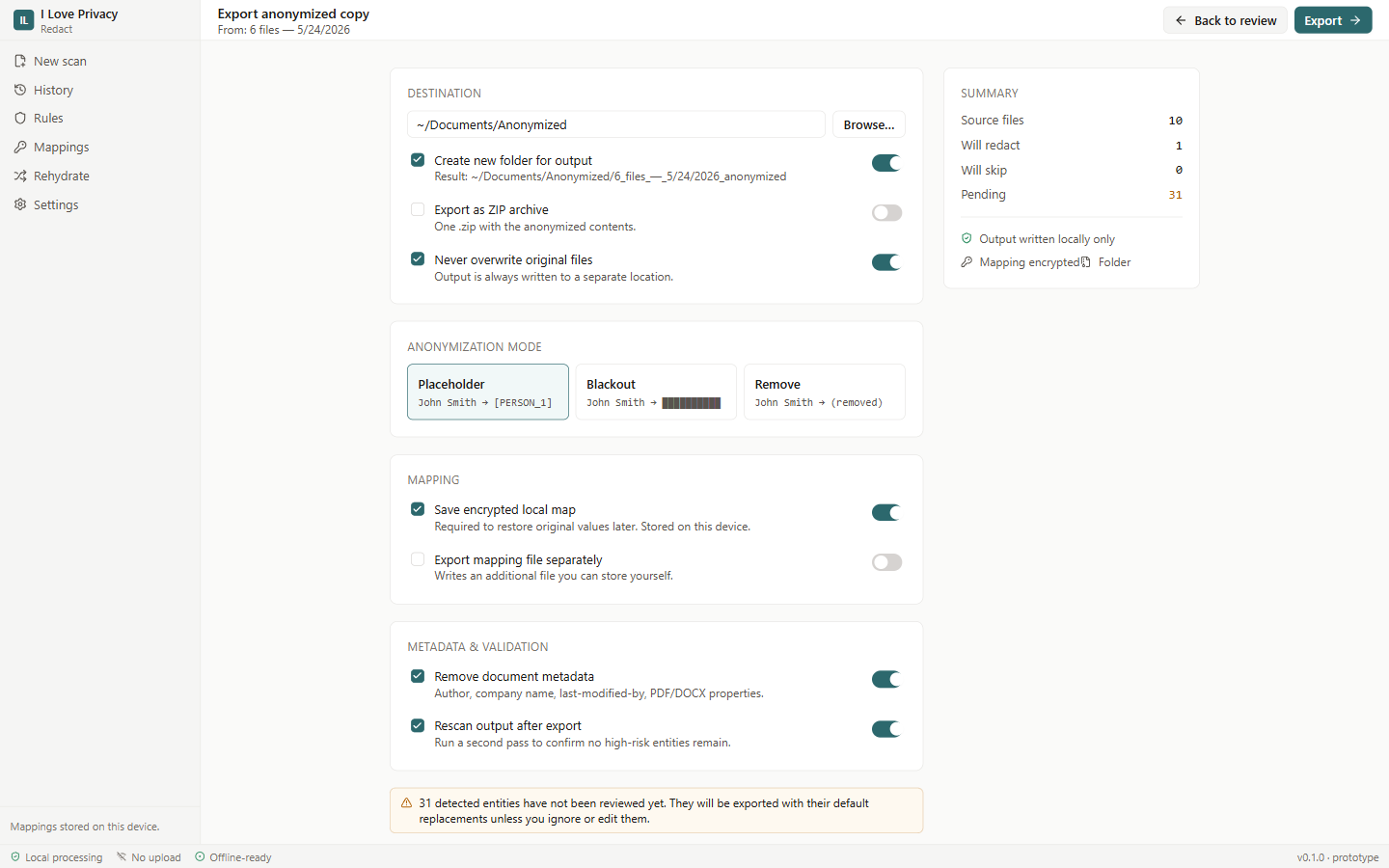 PII Masking export screen